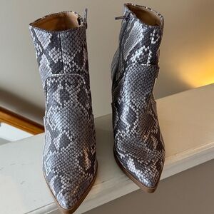 Express Gray Snake-Print Pointed Toe Ankle Boots
